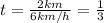 t=\frac{2km}{6km/h}=\frac{1}{3}