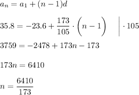 a_n=a_1+(n-1)d\\ \\ 35.8=-23.6+\dfrac{173}{105} \cdot \bigg(n-1\bigg)~~~~ \bigg|\cdot 105\\ \\ 3759=-2478+173n-173\\ \\ 173n=6410\\ \\ n=\dfrac{6410}{173}