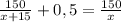 \frac{150}{x+15}+0,5= \frac{150}{x}