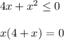 4x+x^2 \leq 0 \\ \\ x(4+x)=0