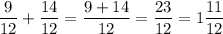 \displaystyle \frac{9}{12} +\frac{14}{12} =\frac{9+14}{12} = \frac{23}{12} = 1\frac{11}{12}