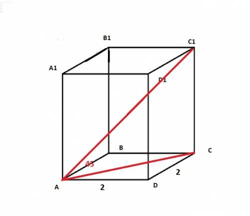 Основанием служит квадрат со стороной 2 см. найдите диагональ параллелипипеда,если она составляет с