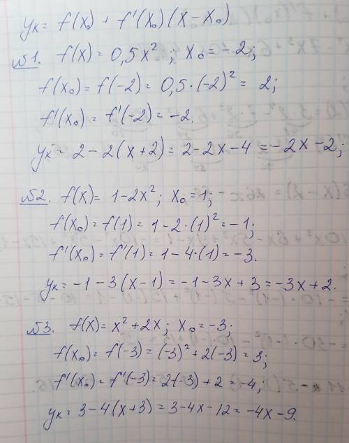 Напишите уравнение касательной к графику функции y=f (x)в точке х: 1)f (x)=1/2x^2 x0=-2 2) f (x)=1-2