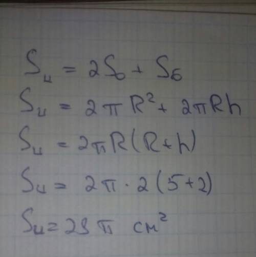 Радиус основания цилиндра равен 2, высота равна 5. найти площадь полной поверхности цилиндра.