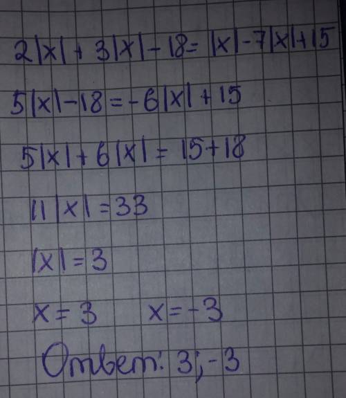 2|x|+3|x|-18=|x|-7|x|+15 решите уравнение