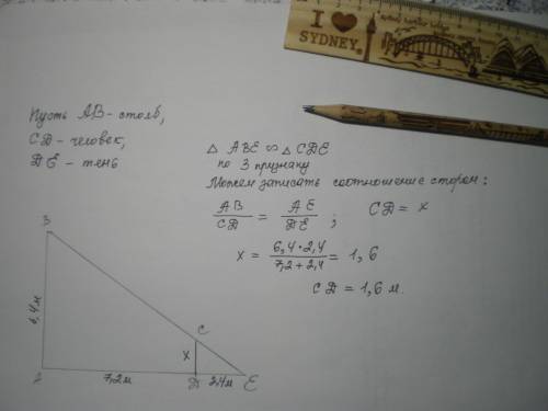 Фонарь закреплен на столбе на высоте 6,4 м. человек стоит на расстоянии 7,2 м от столба и отбрасывае