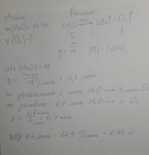 Какой объем кислорода выделится при пропускании тока через 14,4 г воды н.у