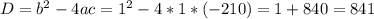 D=b^{2}-4ac=1^{2}-4*1*(-210)=1+840=841