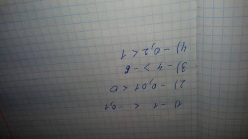 Сравните числа и укажите знак неравенства 1) -1 и -0.1 2) - 0.01 и 0 3) -4 и -6 4) -0.2 и 1