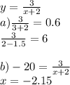 y= \frac{3}{x+2} \\&#10;a) \frac{3}{3+2} =0.6\\&#10; \frac{3}{2-1.5} =6\\&#10;\\&#10;b)-20= \frac{3}{x+2} \\&#10;x=-2.15