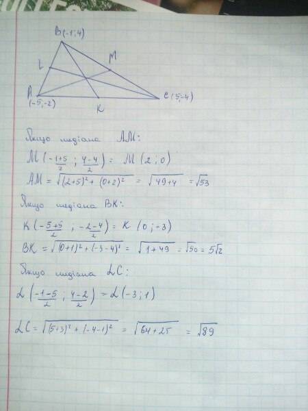 Верха треугольник а(-5 , -2) в(-1; 4) с(5; -4) найдите длинну медианы