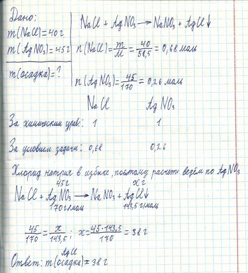 Определите массу осадка, полученного при взаимодействии 40 г хлорида натрия и 45 г нитрата серебра