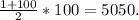 \frac{1+100}{2} * 100=5050.