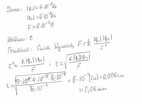 На якій відстані розташовані один від одного точкові заряди 4нкл і 6нкл якщо сила їх взаємодії дорів