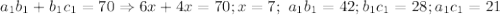 a_1b_1+b_1c_1=70\Rightarrow 6x+4x=70; x=7;\ a_1b_1=42; b_1c_1=28; a_1c_1=21