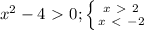 x^2-4\ \textgreater \ 0; \left \{ {{x\ \textgreater \ 2} \atop {x\ \textless \ -2}} \right.