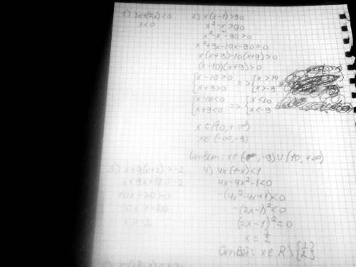 3x+(2x-)< 0 x(x-1> 90 x+9(x+2)> -2 4x(1-x)< 1 5(x2+2)< 27x