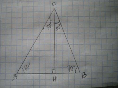 Втреугольнике abc угол a равен 60 градусов, ch — высота, угол b равен 70 градусов. найдите разность