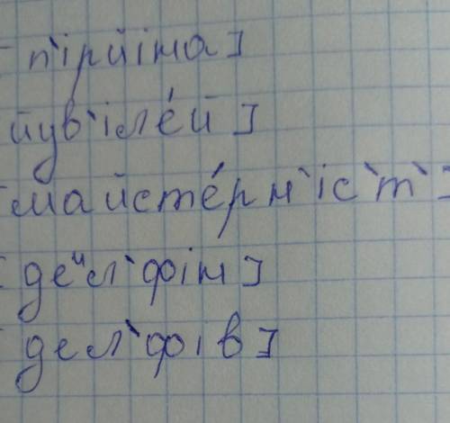 Транскрипція слів: пір'їна, ювілей, дельфів, майстерність