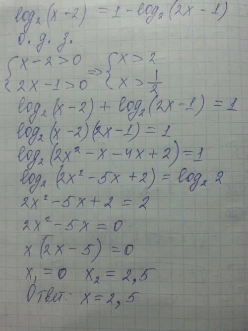 Решите уравнение log2(x-2) = 1-log2(2x-1)