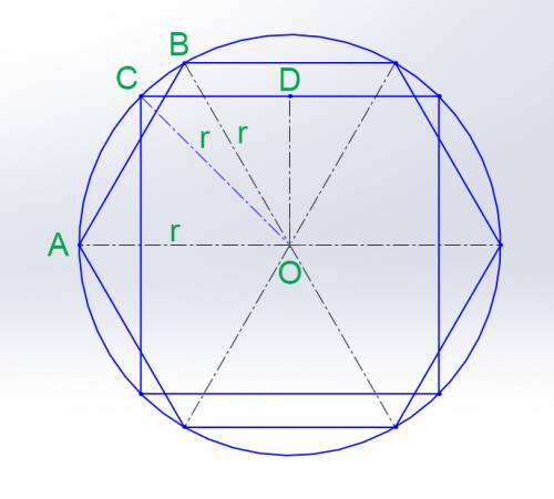 1) периметр правильного шестиугольника вписанного в окружность,равен 48м. найди сторону квадрата,впи