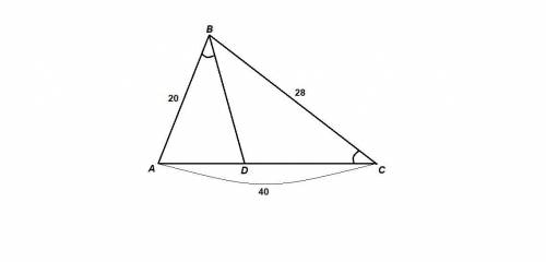 На стороне ac треугольника abc отметили точку d такую, что угол abd = углу c, ab=20cм, bc=28cм,ac=40