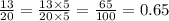 \frac{13}{20} = \frac{13 \times 5}{20 \times 5} = \frac{65}{100} = 0.65