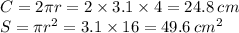 C=2\pi r = 2\times 3.1 \times 4=24.8\: cm\\S=\pi r^2=3.1\times 16=49.6\: cm^2