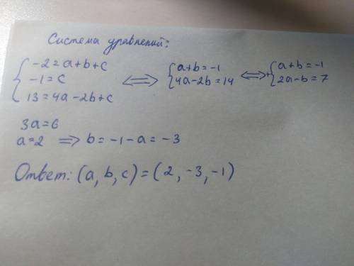 Парабола y=ax^2+bx+c проходит через точки (1; -; -; 13) найдите a,b,c