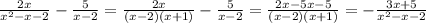 \frac{2x}{x^{2}-x-2 }-\frac{5}{x-2}=\frac{2x}{(x-2)(x+1)} -\frac{5}{x-2} =\frac{2x-5x-5}{(x-2)(x+1)}=-\frac{3x+5}{x^{2}-x-2 }