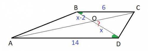 Втрапеции abcd с основаниями ad и bc диагонали пересекаются в точке о, вс=6 см, ad=14 см, а отрезок