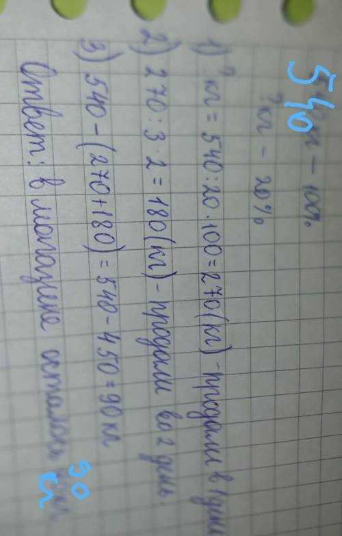 Магазин 540 кг картофеля в первый день продали 20% всего картофеля, а во второй день 2/3 остатка. ск