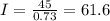 I= \frac{45}{0.73} = 61.6