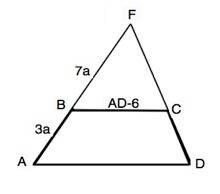 Продовження бічних сторін ab і cd трапеціі abcd перетинаються в точці f , ab : bf = 3: 7 , ad більша