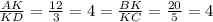 \frac{AK}{KD} = \frac{12}{3} =4= \frac{BK}{KC} = \frac{20}{5} =4