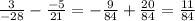 \frac{3}{-28} - \frac{-5}{21} = -\frac{9}{84} + \frac{20}{84} = \frac{11}{84}