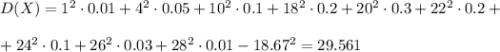 D(X)=1^2\cdot0.01+4^2\cdot 0.05+10^2\cdot 0.1+18^2\cdot0.2+20^2\cdot 0.3+22^2\cdot 0.2+\\ \\ +24^2\cdot 0.1+26^2\cdot 0.03+28^2\cdot 0.01-18.67^2=29.561