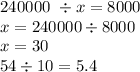 240000 \ \div x= 8000 \\ x = 240000 \div 8000 \\ x = 30 \\ 54 \div 10 = 5.4