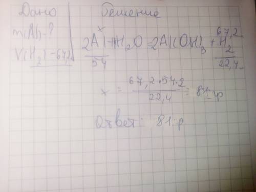 Сколько алюминий необходимо чтобы выделось 67,2 л водорода в реакции al+h2o = al(oh)3 + h2