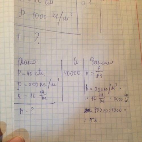 Дано: р- 40килопаскалей p-800 кг\ м3 g-10 найти : h
