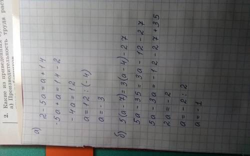 Решить уровнения: 1)2-5а=а+14.2)5(а-7)=3(а-4)-27