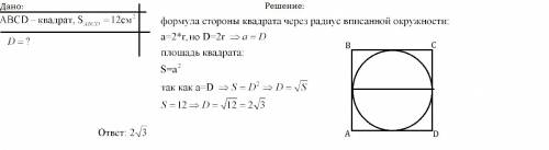 Найдите диаметр круга,вписанного в квадрат,площадь которого равна 12см²