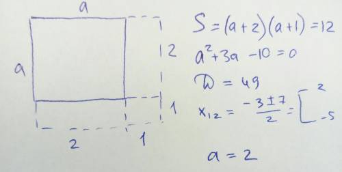 Одну сторону квадрата увеличили на 2 см , а вторую на 1 см и получился прямоугольник с s=12см². найт