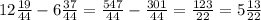 12 \frac{19}{44} - 6 \frac{37}{44} = \frac{547}{44} - \frac{301}{44} = \frac{123}{22} = 5 \frac{13}{22}