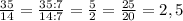 \frac{35}{14} = \frac{35:7}{14:7} = \frac{5}{2} = \frac{25}{20} = 2,5