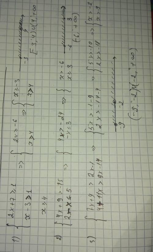 1) {2x+7 больше или равно 1 {x-3 больше 1 2) {4x+9 больше -15 {2-x меньше или равно 5 (( там 2-x мен