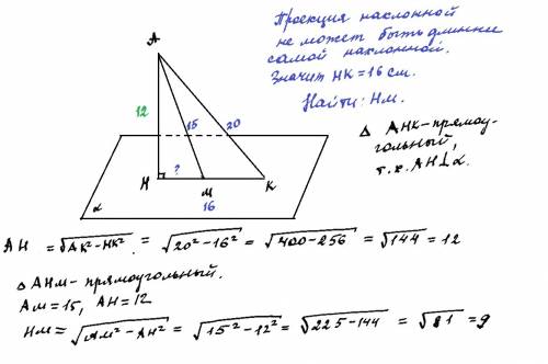 Из точки расположенной вне плоскости проведены две наклонные равные 15 и 20 см проекция одной из рав