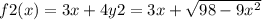 f2(x)=3x+4y2=3x+\sqrt{98-9x^2} }