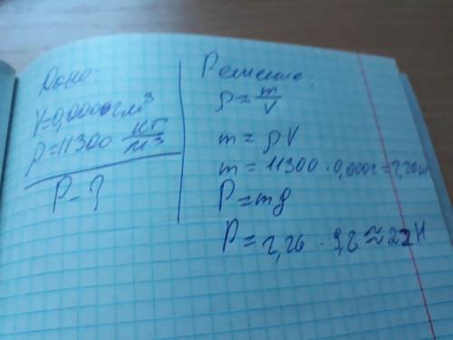 Расчитайте ,что покажет диномометр ,если на него подвесить груз из свенца (плотность 11300 кг/м в ку