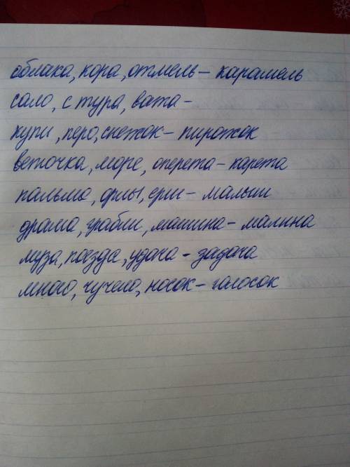 Составь слова из последних слогов слов каждой строчки в порядке их следования. пример: падишах, парт